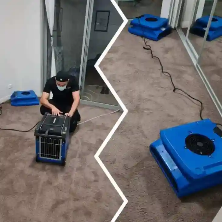 Carpet water removal technician operating drying machine alongside professional extraction and dehumidifier equipment